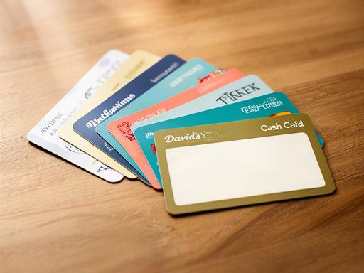 Assorted gift cards fanned out on a warm wooden table surface with soft natural lighting